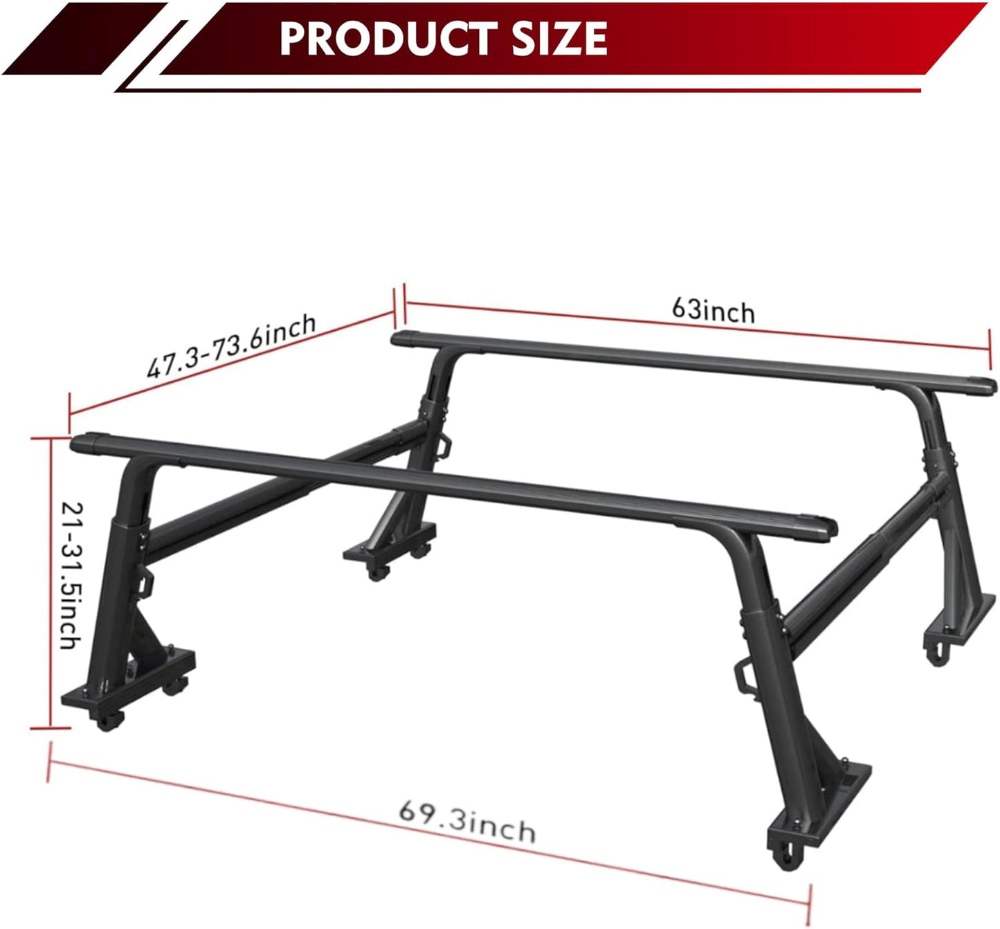 3-way Adjustable Heavy Duty Aluminum Truck Rack system, universal fit mid/full-size truck