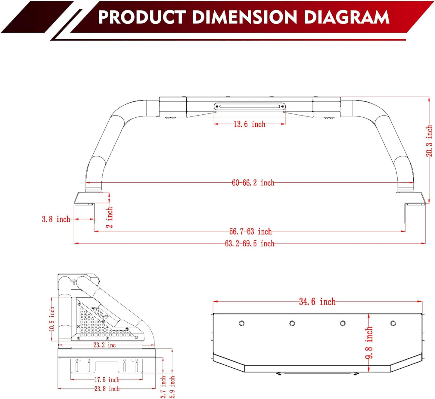 Adjustable Silver Stainless Steel Sport Roll Bar with Brake Light, fits mid or full size truck