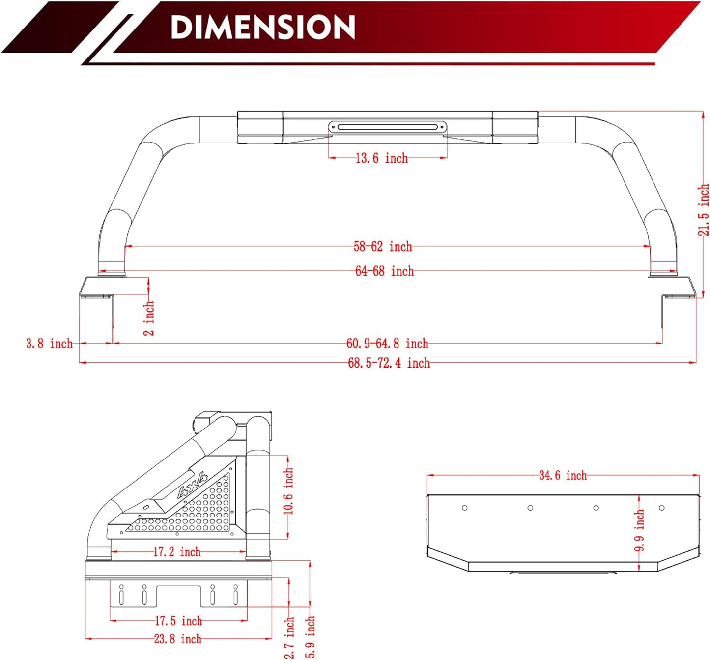 Adjustable Silver Stainless Steel Sport Roll Bar with Brake Light, fits mid or full size truck