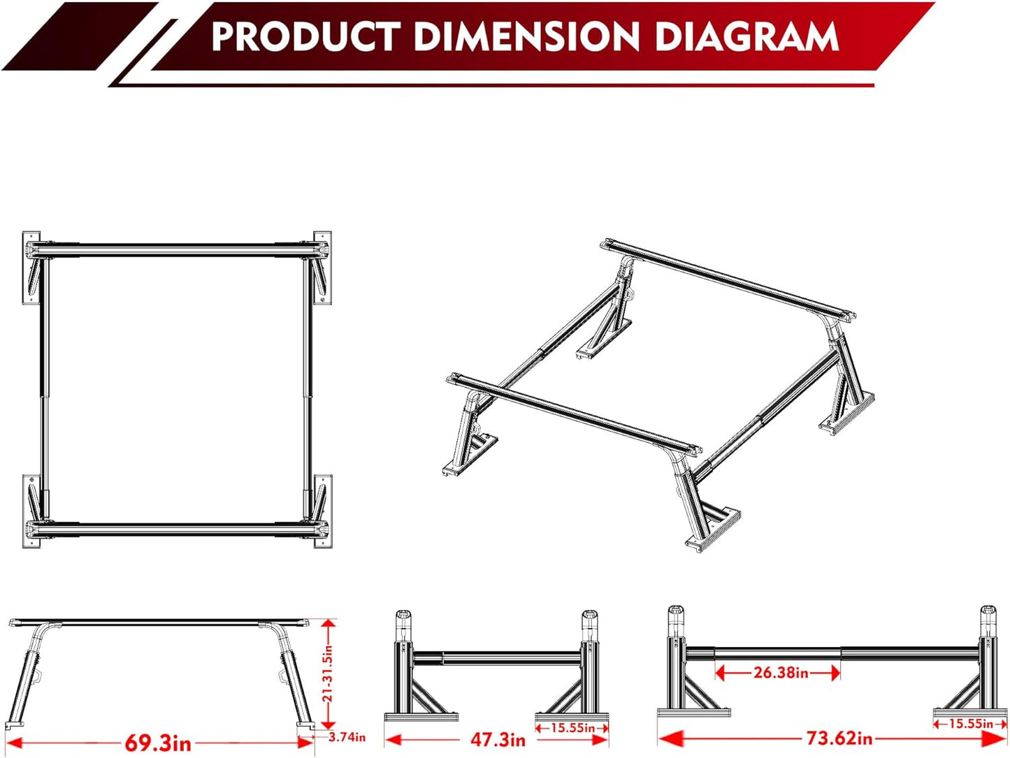 3-way Adjustable Heavy Duty Aluminum Truck Rack system, universal fit mid/full-size truck