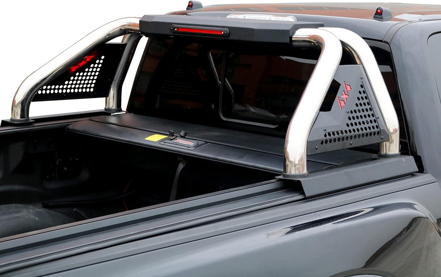 Adjustable Silver Stainless Steel Sport Roll Bar with Brake Light, fits mid or full size truck