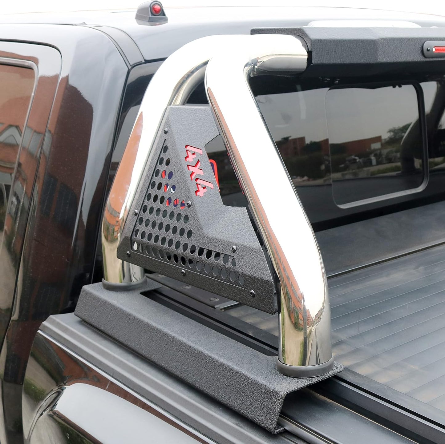 Adjustable Silver Stainless Steel Sport Roll Bar with Brake Light, fits mid or full size truck